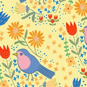 Birds and flowers - bird floral  - yellow -  large