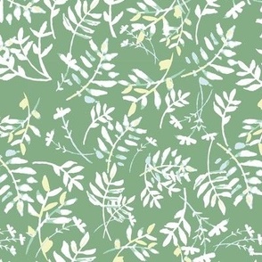 Medium scale Watercolour leaves and sprigs in  gentle spring greens with a hint of soft blue - flowing painterly pattern for sweet apparel and home decor.