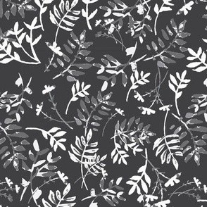 Medium scale Watercolour leaves and sprigs in  monochromatic grey - flowing painterly pattern for sweet apparel and home decor.