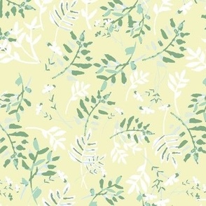 Medium scale Watercolour leaves and sprigs in  chartreuse, green and cream - flowing painterly pattern for sweet apparel and home decor.