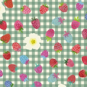 Garden Party - Strawberries on gingham - Green - Medium 