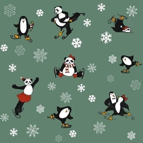 Penguins and Pandas on ice - green fond