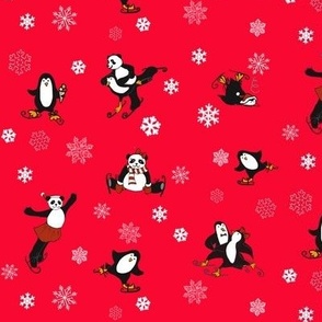 Penguins and Pandas on ice - red fond