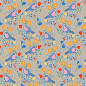 Birds and flowers - bird floral - grey - small