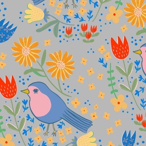 Birds and flowers - bird floral - gray - large