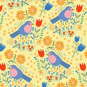 Birds and flowers - bird floral  - yellow - medium