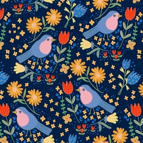 Birds and flowers - bird floral - dark purple blue - medium