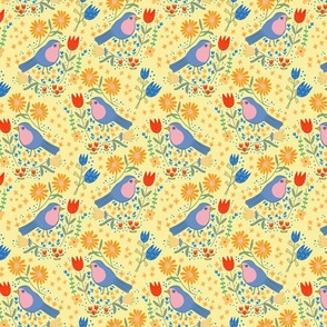 Birds and flowers - bird floral  - yellow - small