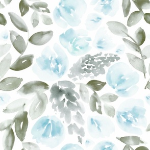 18" Floral in pale blue, sage and grey