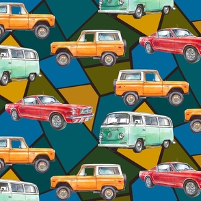 Watercolor Vintage Car Pattern on Geometric Shapes, Small Scale Pattern