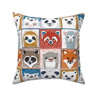 Cute Zoo Animals in Beige, Red, Blue, and Mustard Fall Colors, Small Print