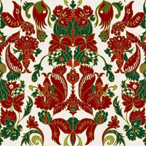 Heritage Christmas Handdrawn Victorian damask crimson and dark green on white linen
