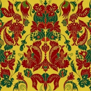 Handdrawn Victorian damask crimson and green on yellow mustard linen