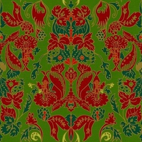 Christmas Victorian damask hand drawn crimson, emerald green on emerald green linen