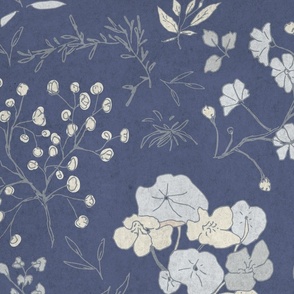 Medium scale pastel blue and cream meadow flowers on a dark blue background subtle vintage texture