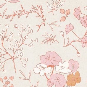 Medium scale sweet hand drawn pink flowers on a cream background with subtle vintage texture