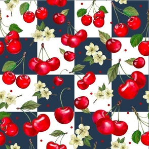 Large Scale Life Is Sweet Cherries on Navy and White Checker