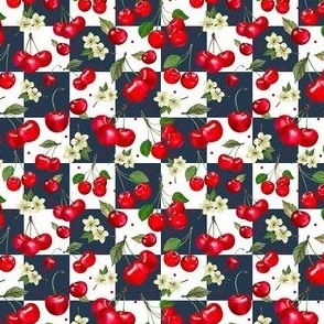Small Scale Life Is Sweet Cherries on Navy and White Checker