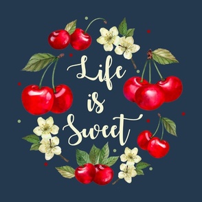 18x18 Panel Life is Sweet Cherries for Pillow Panel or Throw Cushion Navy