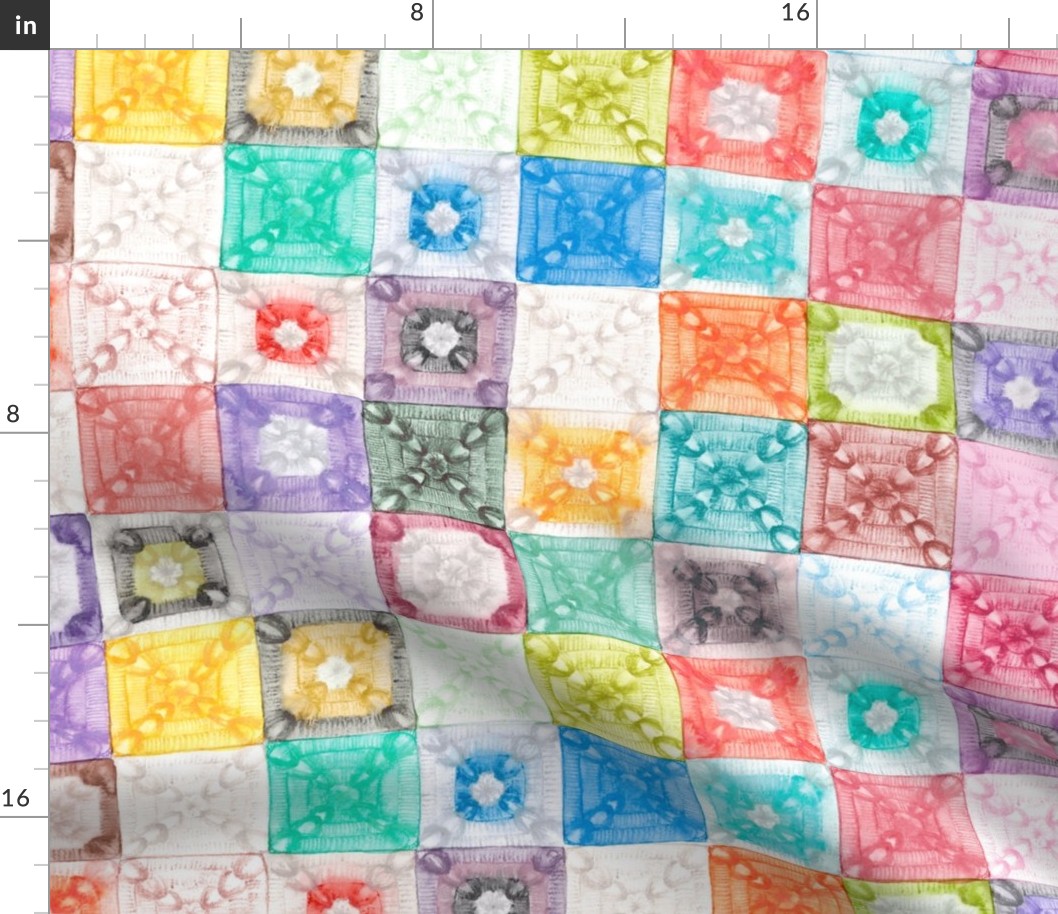 Medium Scale Colorful Granny Square Crochet - purple, white, blue, yellow, pink