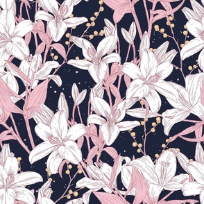 Midnight Lilies | navy blue and pink