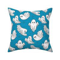 Halloween Ghosts Cute Halloween on Blue Linen Fabric Texture Pattern-01