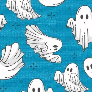 Halloween Ghosts Cute Halloween on Blue Linen Fabric Texture Pattern-01