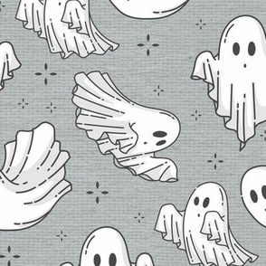 Halloween Ghosts Cute Halloween on Grey Linen Fabric Texture Pattern-01-01