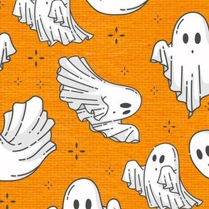 Halloween Ghosts Cute Halloween on Orange Linen Fabric Texture Pattern-01-01