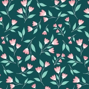 Medium Ditsy Floral Tulips Pink on Green