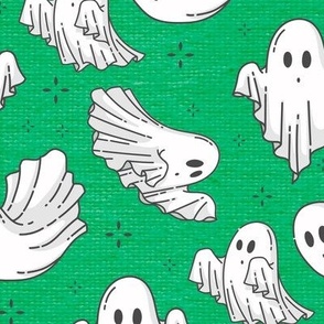 Halloween Ghosts Cute Halloween on Green Linen Fabric Texture Pattern-01-01