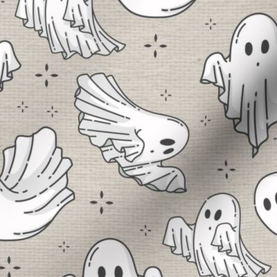 Halloween Ghosts Cute Halloween on Tan Linen Fabric Texture Pattern-01-01-01