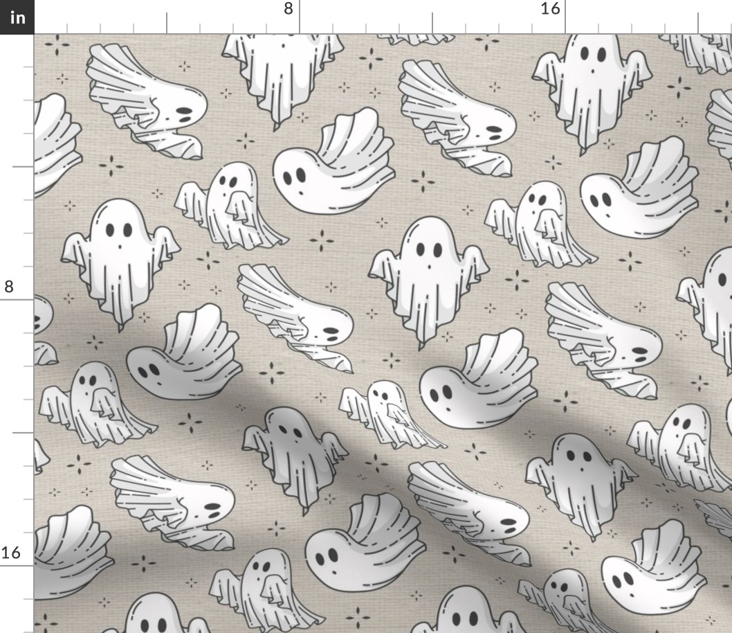 Halloween Ghosts Cute Halloween on Tan Linen Fabric Texture Pattern-01-01-01