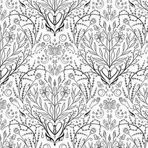Graphic witch pattern. Detailed halloween witch fabric. Black on white.
