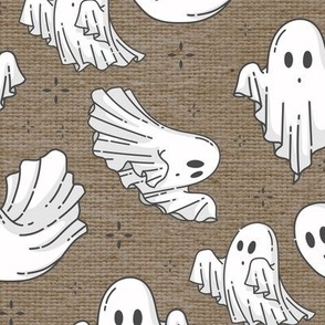Halloween Ghosts Cute Halloween on Brown Linen Fabric Texture Pattern-01-01-01-01