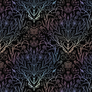 Holo witch pattern. Halloween witch fabric. Black background.