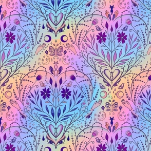Psychedelic eclectic witch pattern. Halloween witch fabric. Holographic background.