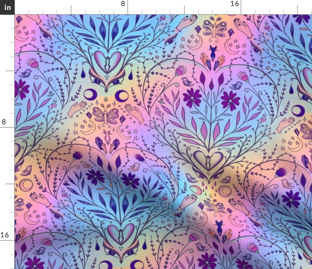 Psychedelic eclectic witch pattern. Halloween witch fabric. Holographic background.