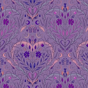 Modern eclectic witch pattern. Halloween witch fabric. Violet background.