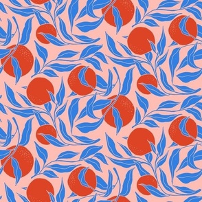 Oranges Pattern with Blue Leaves and Coral Background