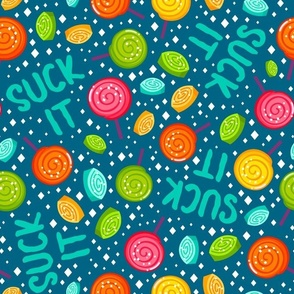 Large Scale Suck It Sarcastic Colorful Candy and Lollipops on Turquoise