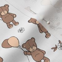Little happy birthday balloon teddy bear design for kids nursery freehand bears and balloon design brown hazelnut tan on white