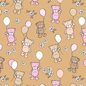 Little happy birthday balloon teddy bear design for kids nursery freehand bears and balloon design pink beige on camel