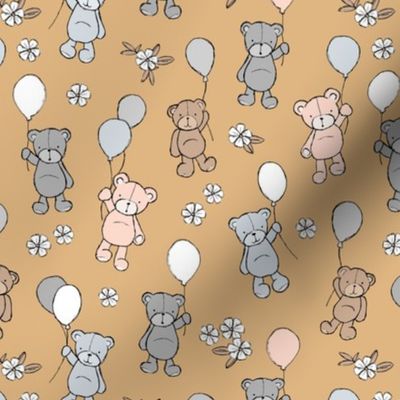Little happy birthday balloon teddy bear design for kids nursery freehand bears and balloon design seventies neutral beige gray brown tones