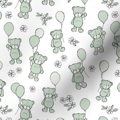 Little happy birthday balloon teddy bear design for kids nursery freehand bears and balloon design sage green on white