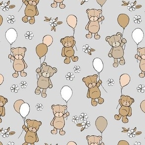 Little happy birthday balloon teddy bear design for kids nursery freehand bears and balloon design neutral gray brown beige tan