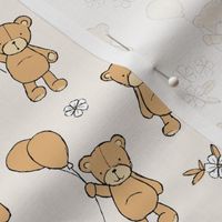 Little happy birthday balloon teddy bear design for kids nursery freehand bears and balloon design caramel beige on sand