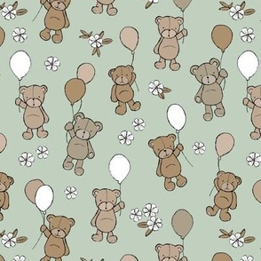Little happy birthday balloon teddy bear design for kids nursery freehand bears and balloon design brown beige on sage green