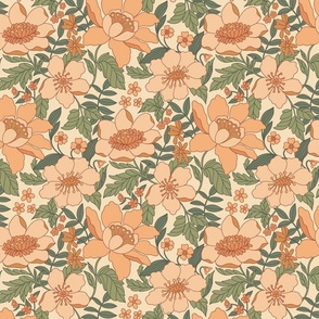 Dawn - retro floral - 12" large - peach, copper, and green 