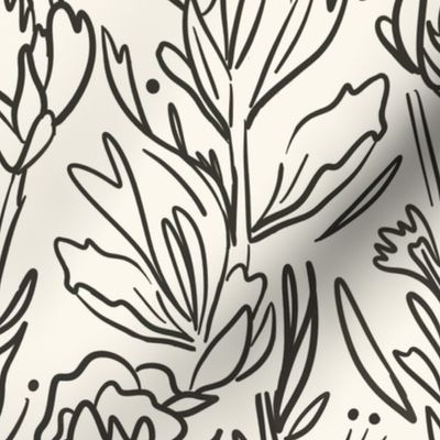 Floral Linework - Cream and Black - Large Scale